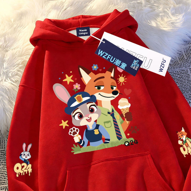 卡通尼克朱迪印花女童连帽卫衣春秋冬2026新款中大童红色新年上衣