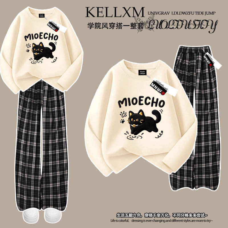 女童纯棉长袖t恤格子裤套装卡通黑色小猫仿刺绣秋季中大童两件套