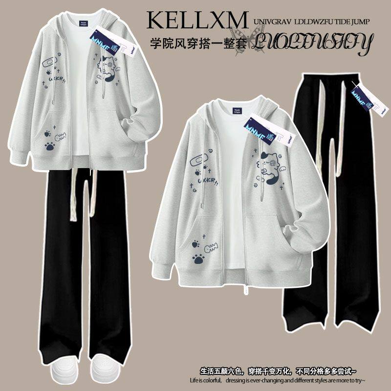 2025秋冬韩版可爱猫咪印花女童加绒拉链连帽卫衣套装洋气两件套潮