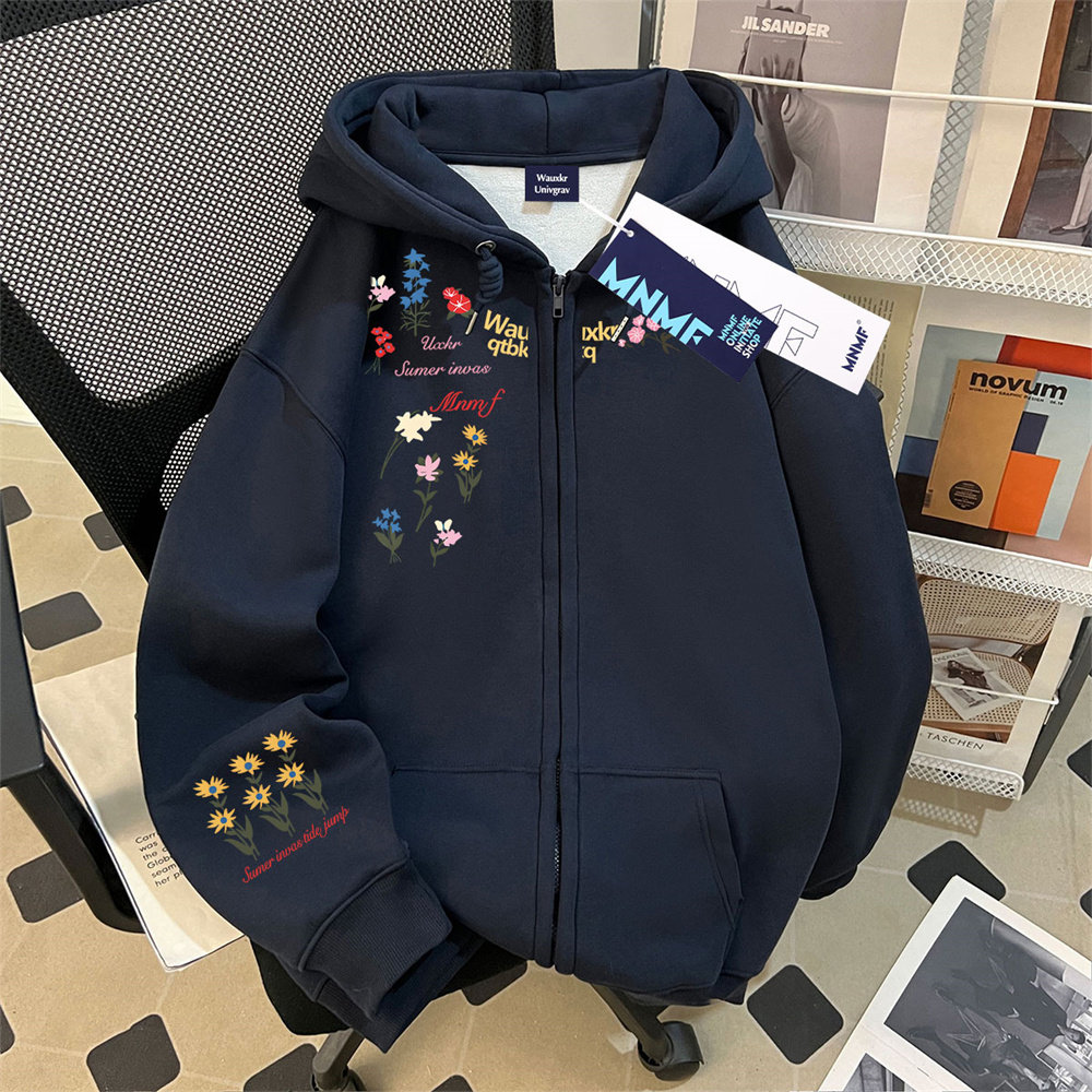 2026款女童创意花花开衫拉链连帽卫衣外套中大童加绒加厚百搭上衣