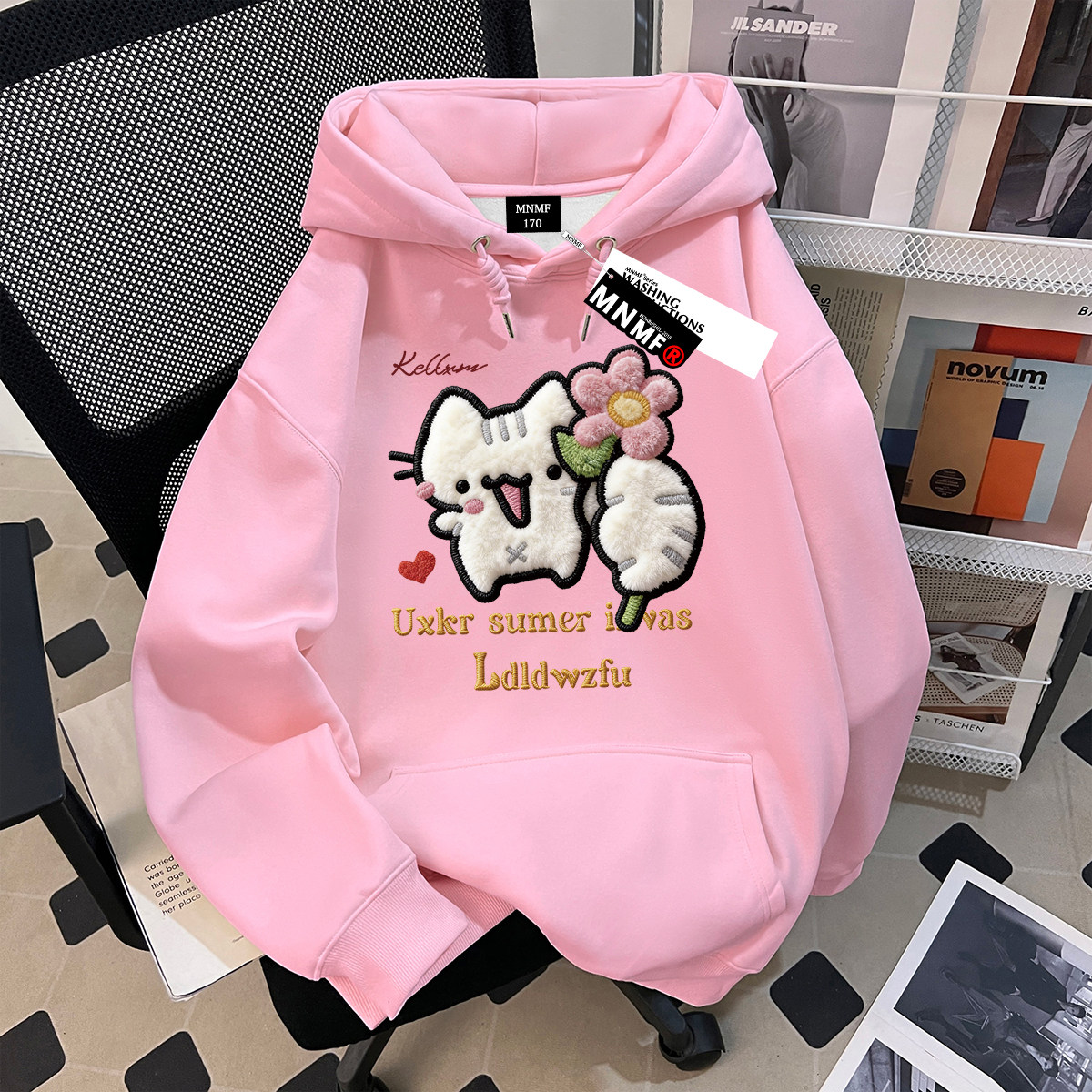 秋冬女童新款韩版连帽卫衣可爱软萌拿花小猫咪印花中大童厚款卫衣