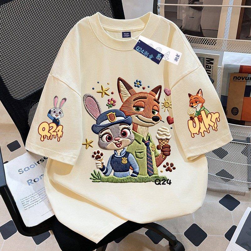 疯狂动物城女童纯棉短袖T恤夏季2026新款中大童仿刺绣洋气上衣服