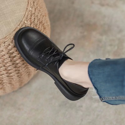 真皮小皮鞋女款英伦风厚底2023年夏季新款平底黑色春秋百搭单鞋子