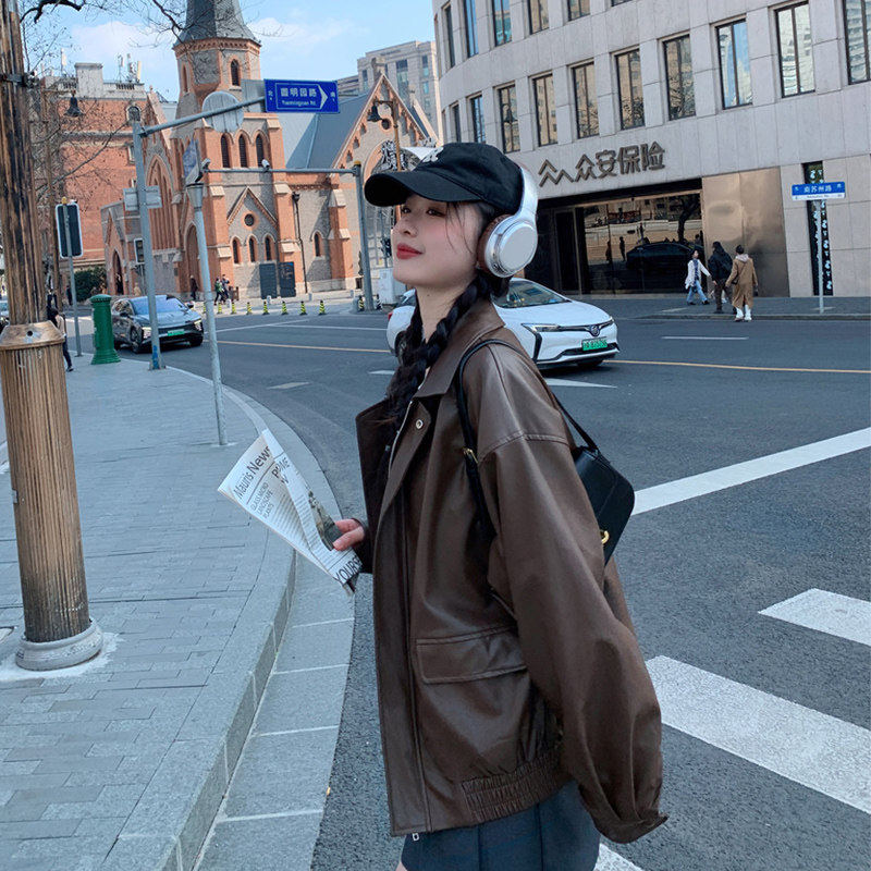 棕色皮衣外套女2025春秋新款小个子港风覆古高级感夹克美拉德机车,个性定制/设计服务/DIY,棉服工装,淘宝优惠券,粉丝福利购,淘宝优惠卷