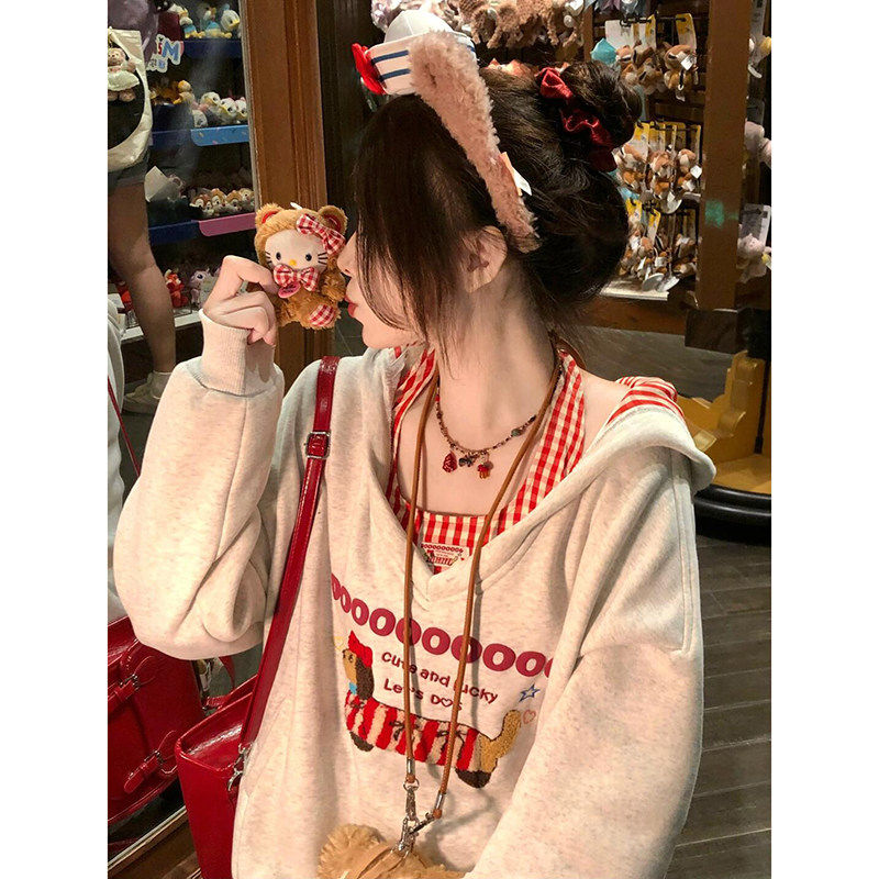 拼接格纹V领卫衣女秋冬2025新款甜美学院风小个子挂脖内搭两件套,个性定制/设计服务/DIY,棉服工装,淘宝优惠券,粉丝福利购,淘宝优惠卷