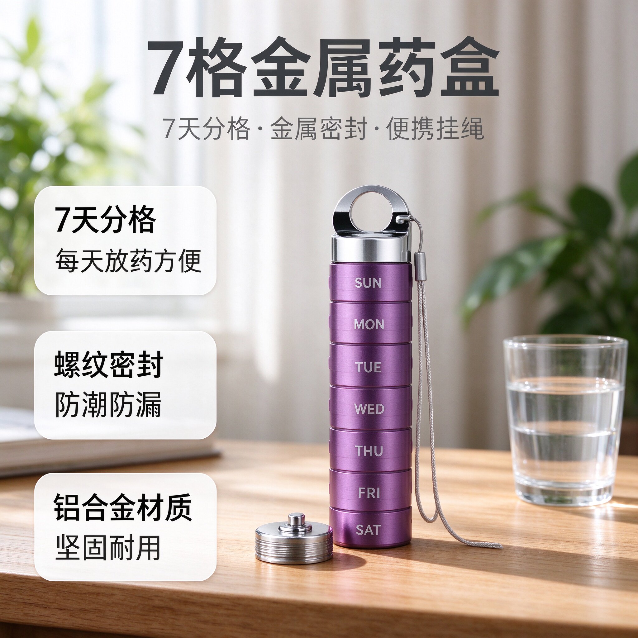 7 格金属药盒铝合金螺纹密封 7 天分格挂绳便携老人旅行随身带药
