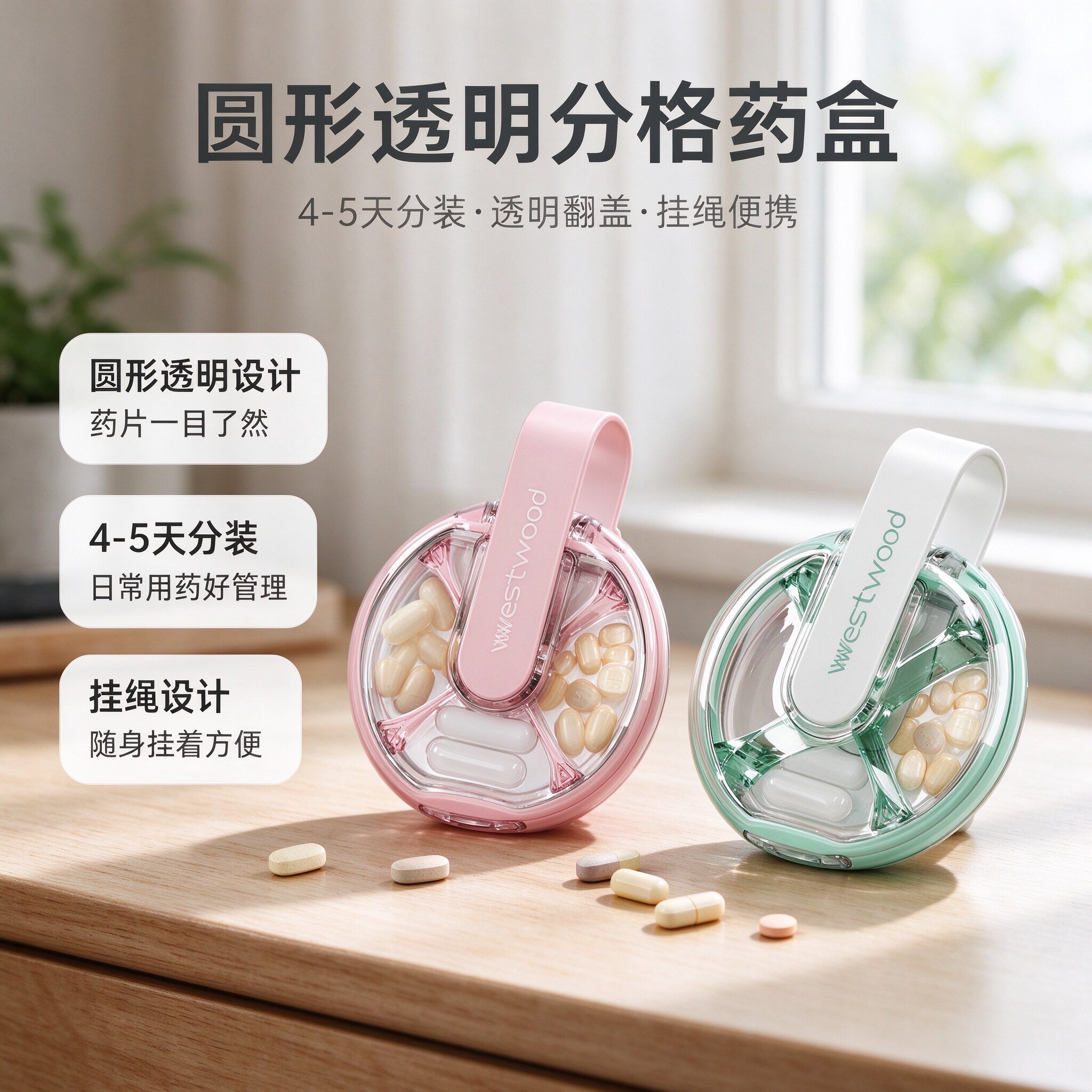 圆形透明分格药盒5天分装随身携挂绳设计可装药丸耳钉小饰品收纳