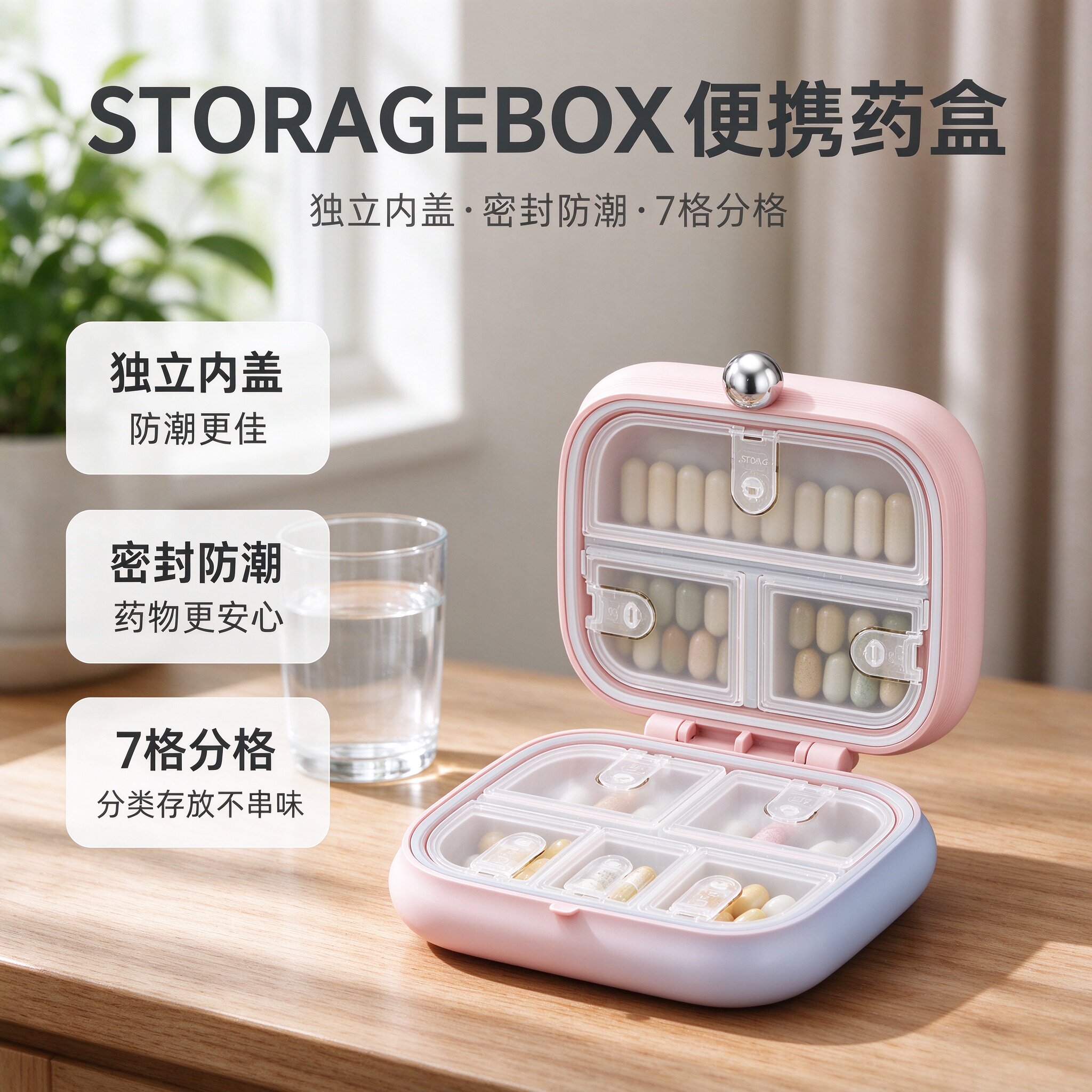 便携药盒独立内盖 7 格分格密封防潮多种配色老人旅行随身带药
