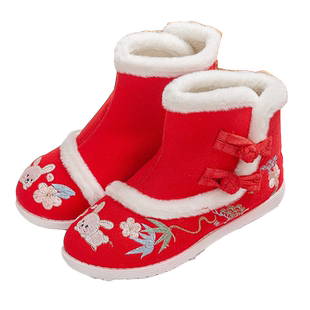 儿童冬季加绒汉服虎头鞋宝宝中国风刺绣复古中式加棉加厚演出鞋子