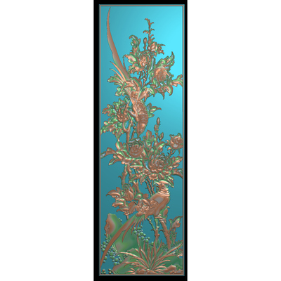 锦秀前程牡丹花鸟竖屏挂匾挂屏屏风大门门板精雕图灰度图牡丹H15