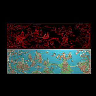 山水横挂匾屏仓板带线山水亭台楼阁山水精雕图浮雕图H58