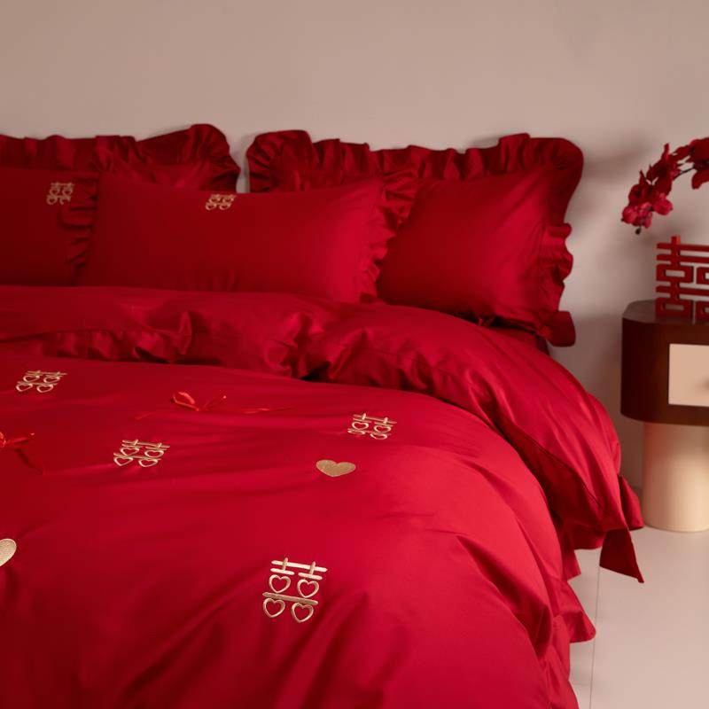 高档中式喜字结婚四件套大红色新婚陪嫁被套婚庆床上用品婚房备婚