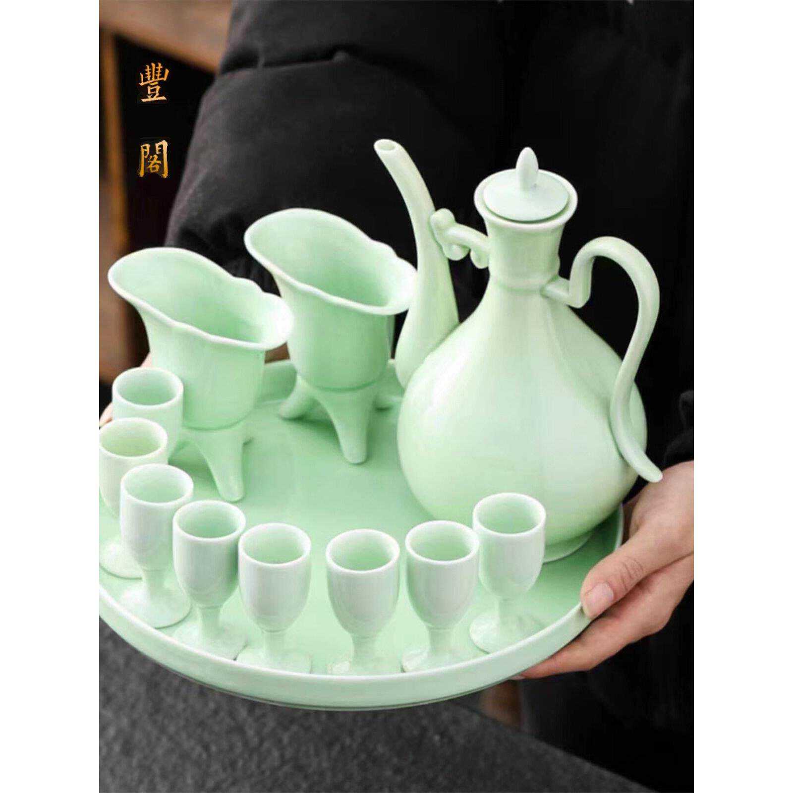 陶瓷爵杯酒具套装白酒杯家用酒壶一口杯烈酒杯覆古代高脚杯小酒盅