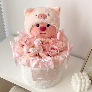 露比正品loopy玩偶花束生日礼物女生送闺蜜永生花抱桶教师节礼物