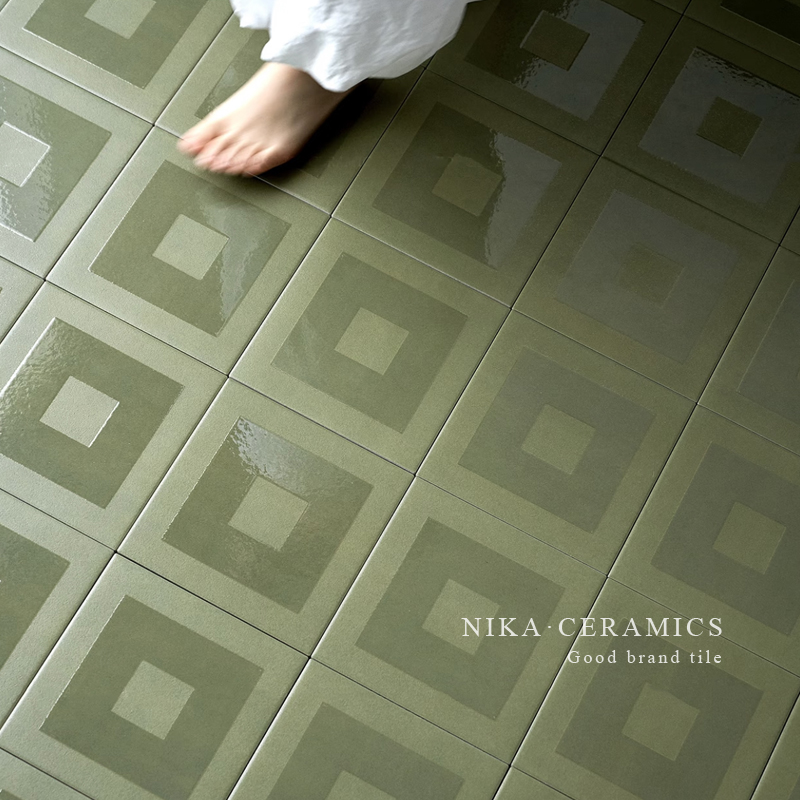 全瓷绿色格子清新复古花砖地砖