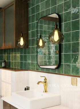 佛山复古绿色渐变手工瓷砖卫生间厨房浴室阳台小方砖商铺餐厅墙砖