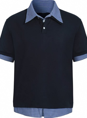 DRKK RTIM藏蓝格纹假两件polo领短袖衬衫cleanfit短宽夏高级感T恤