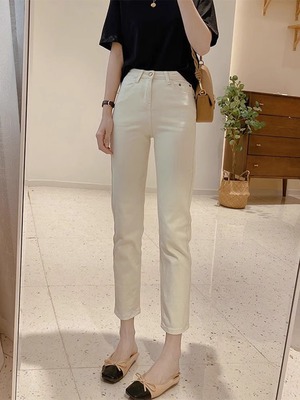 米白色烟管直筒牛仔裤女2025夏季薄款新款小个子女士爆款杏色裤子