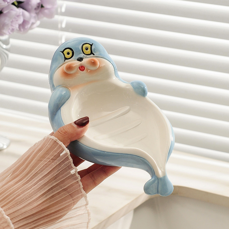 卡通海豹陶瓷肥皂盒家用