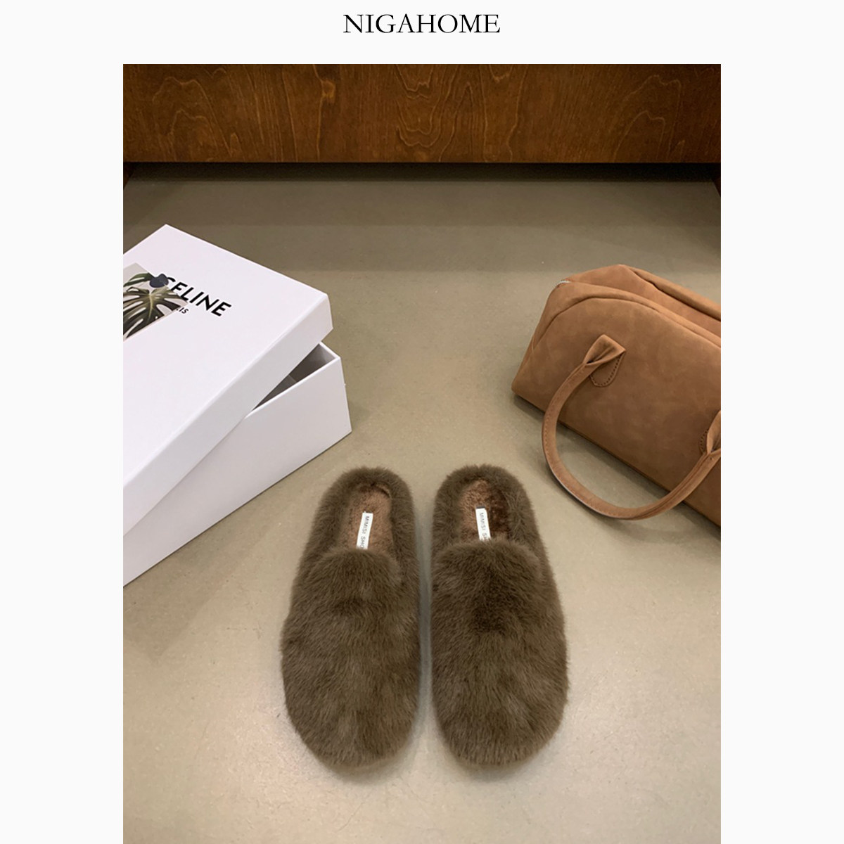NigaHome 人造皮草露跟毛毛鞋
