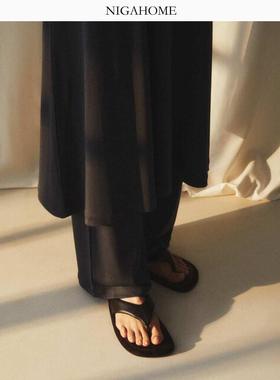 NigaHome 2024秋季新款纯色舒适皮革夹脚设计平底凉鞋11250300100