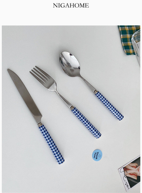 NigaHome条格纹手柄甜品小勺西餐勺茶点勺套装3件套装43296304044