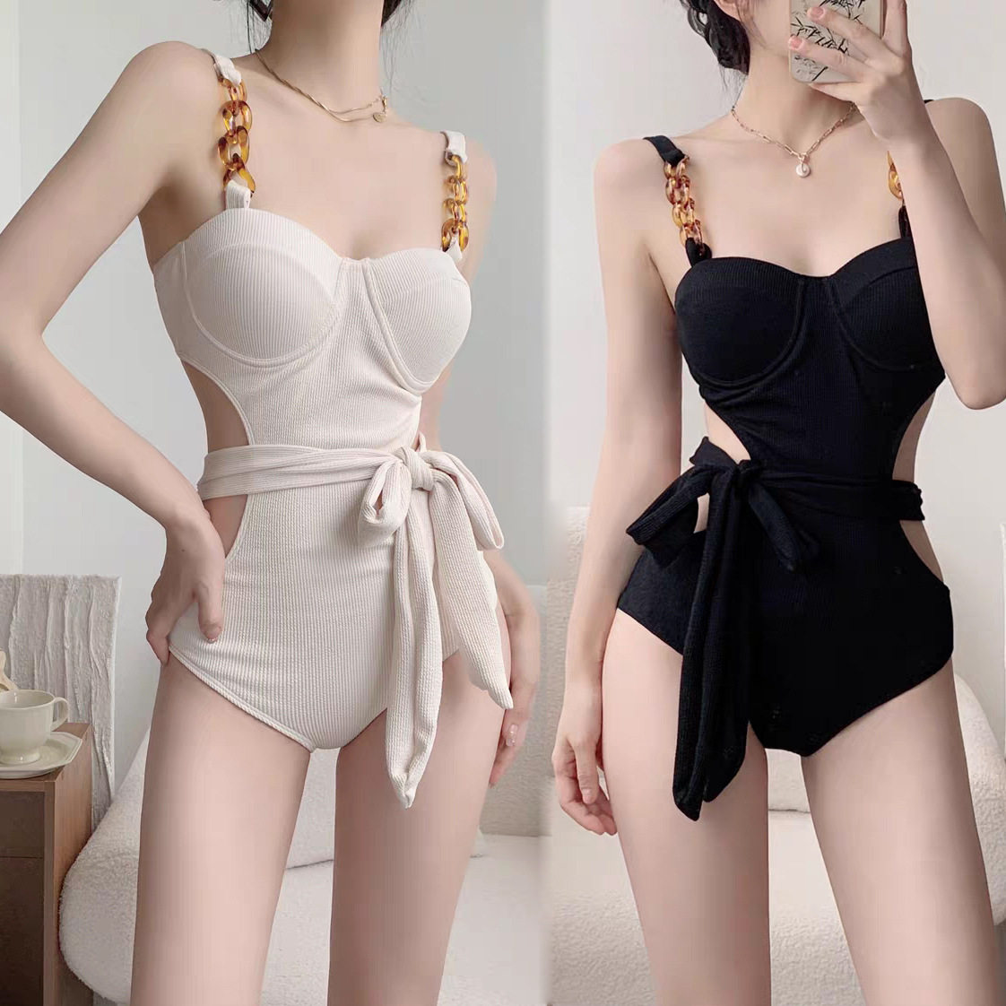 泳衣女纯色高级感时尚连体2025新款小胸钢托聚拢遮肚温泉游泳度假