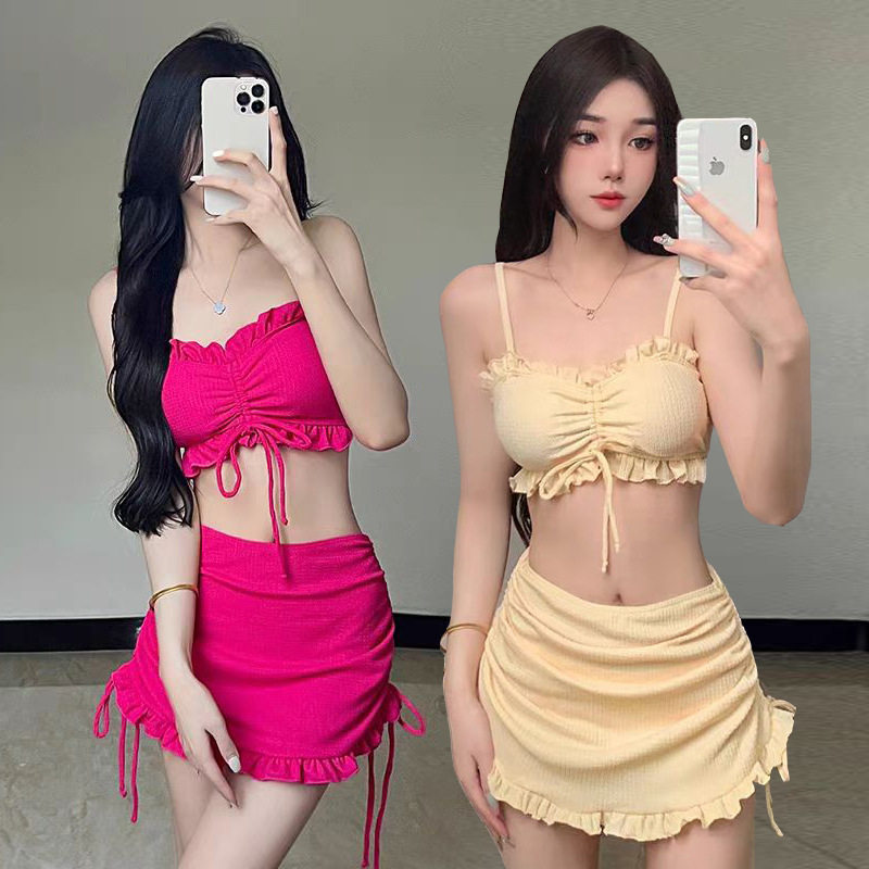 泳衣女比基尼2025新款玫红色分体三件套裙式性感小胸高级感泡温泉