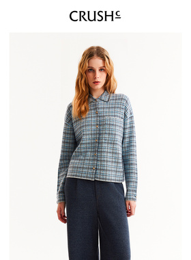 CRUSH Collection2026年早春新款绵羊毛经典复古宽松格纹翻领衬衫