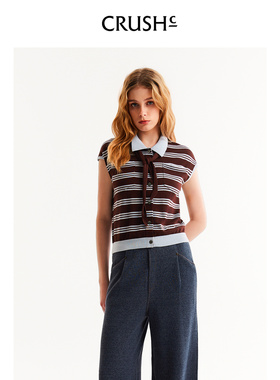 CRUSH Collection2026年早春新款绵羊毛条纹翻领无袖衬衫女士上衣