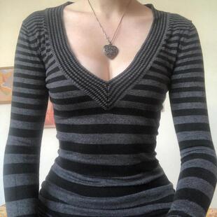 Y2K Grunge Emo 00s Vintage T Shirt Black Grey Striped V Neck