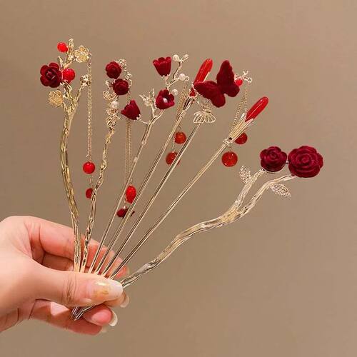 Retro Rose Hairpin For Women Chinese Style Tassel Hair Stick