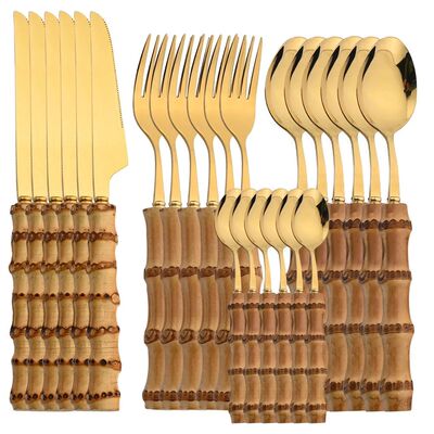 24Pcs Bamboo Tableware Sets Stainless Steel Bamboo Cutlery S