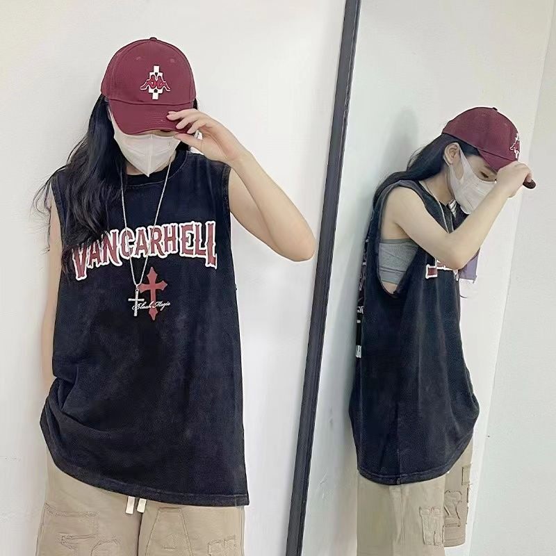 夏季背心休闲宽松坎肩无袖t恤美式字母辣妹上衣运动印花女装外穿