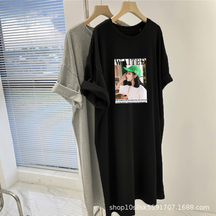 夏日过膝长款连衣裙女新款韩版宽松遮肚显瘦减龄夏天短袖t恤裙子