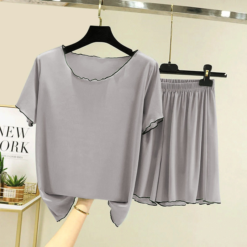 韩版冰丝螺纹大码女装夏装胖mm套装女短裤运动休闲时尚两件套洋气