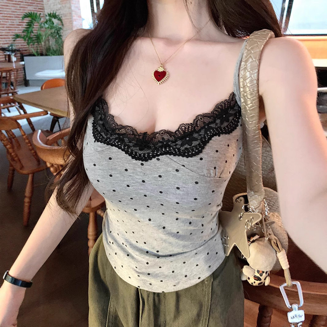 亚马逊美系蕾丝拼接波点吊带背心夏季修身内搭带胸垫短款灰色上衣