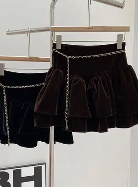 美拉德纯色高腰蓬蓬半身裙女秋冬丝绒新款小个子显瘦蛋糕A字短裙