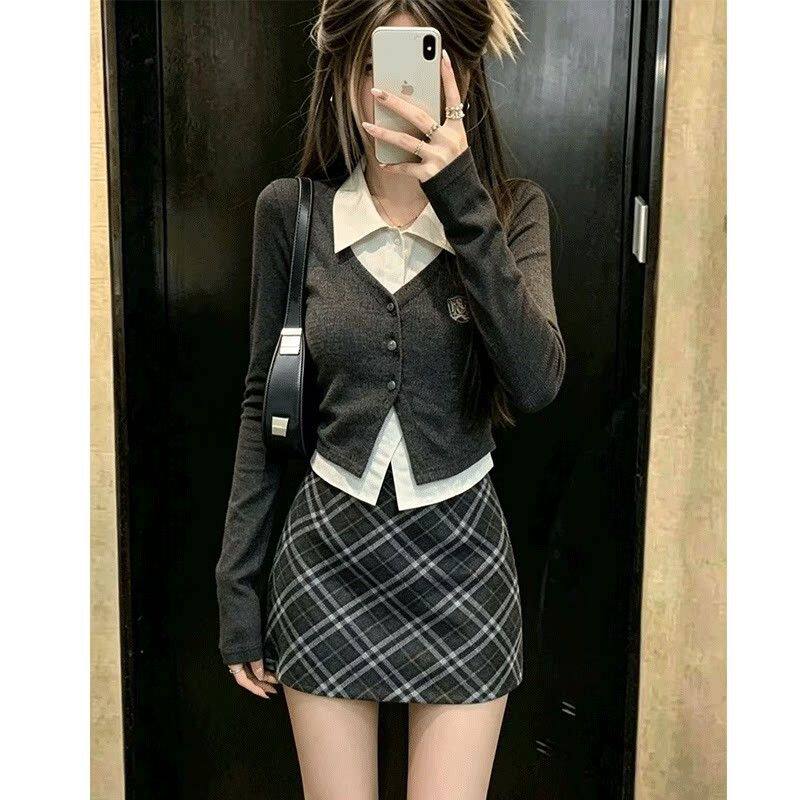 套装女秋季韩系穿搭一整套针织拼接假两件上衣格纹毛呢短裙两件套