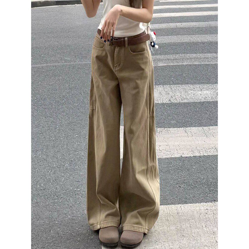 美式复古卡其色直筒牛仔裤女秋季新款胖妹妹mm高腰宽松显瘦阔腿裤
