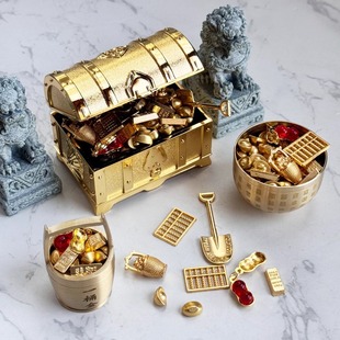 迷你沙金小元 仿真金属算盘聚宝盆黄铜鱼缸招财金铲子一桶金 宝套装