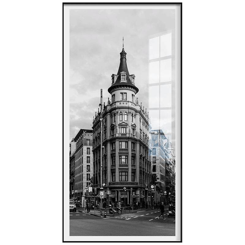 北欧玄关装饰画黑白灰入户进门走廊竖版过道挂画墙壁画建筑威尼斯