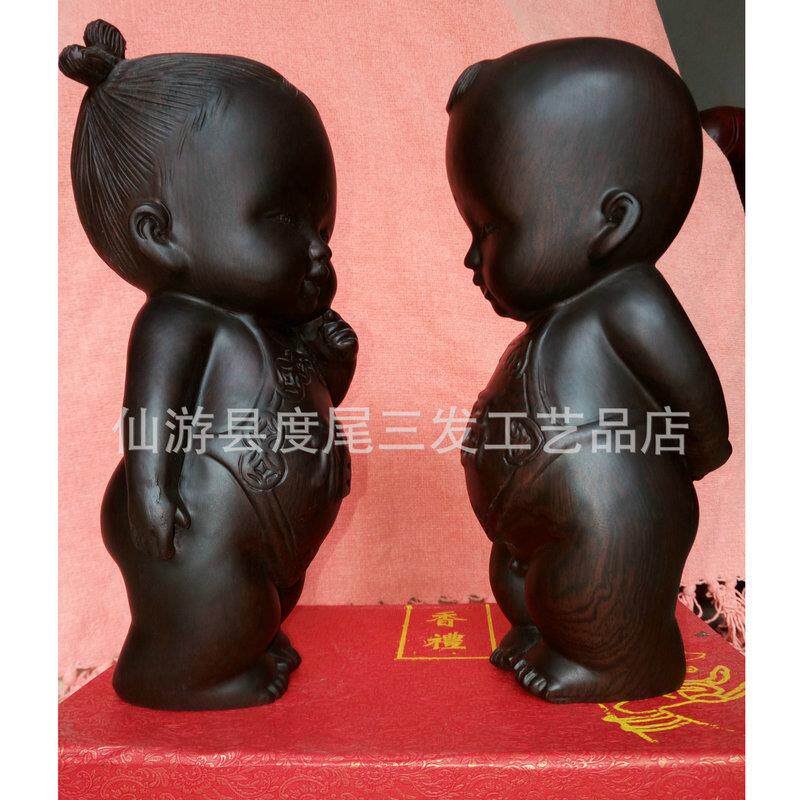 红木雕刻木质民族手工工艺精品金童玉女创意文玩家居饰品摆件