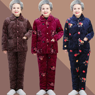 全棉纯棉中老年人秋冬装 奶奶加厚居家棉服妈妈棉 加绒夹棉睡衣套装
