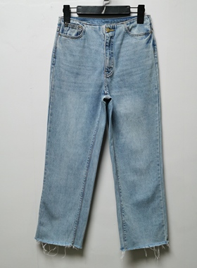 去标2025春秋浅蓝色直筒毛边牛仔裤低腰显瘦九分裤C313瑕疵