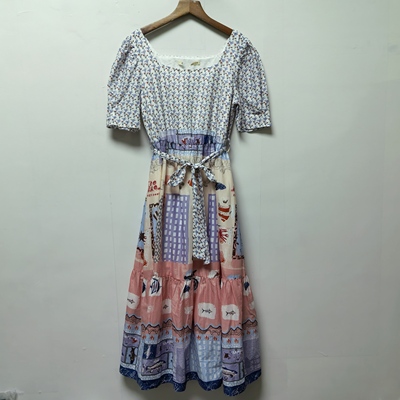 【艺】去标撤柜女印花拼接高腰收腰显瘦中长款度假风连衣裙M2L037