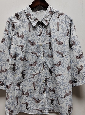 M同款去标春夏季新款复古文艺印花翻领七分袖衬衫女士衬衣P576