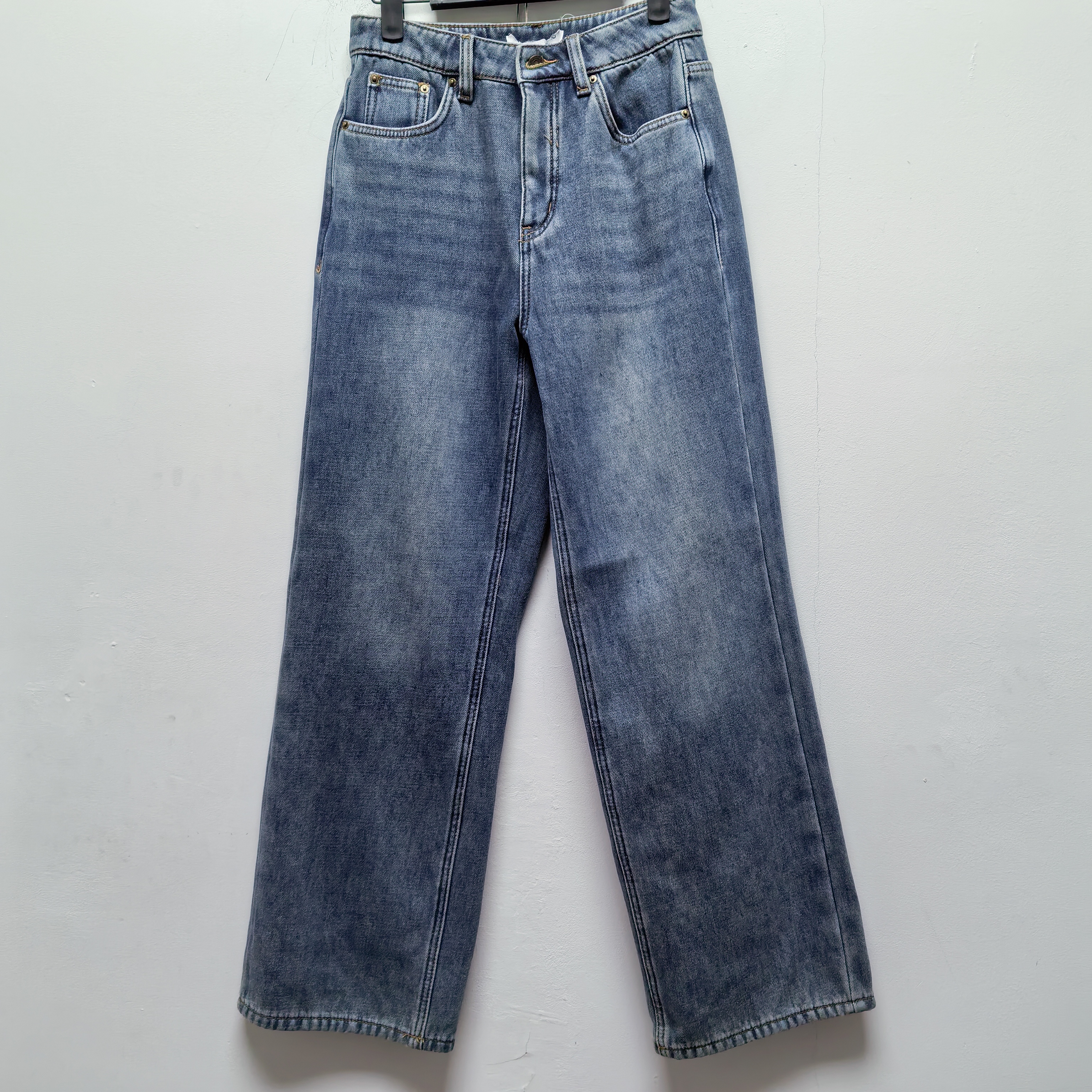 2025春季新款去标加绒时尚百搭高腰显瘦直筒牛仔裤宽松阔腿裤P107