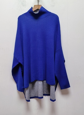 极简风蓝色高领蝙蝠袖针织2025年秋冬季新款慵懒风宽松毛衣P741