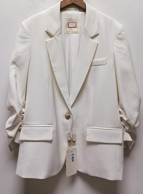 好物推荐【OT】设计感春秋款女装时尚休闲百搭褶皱白色西装C424